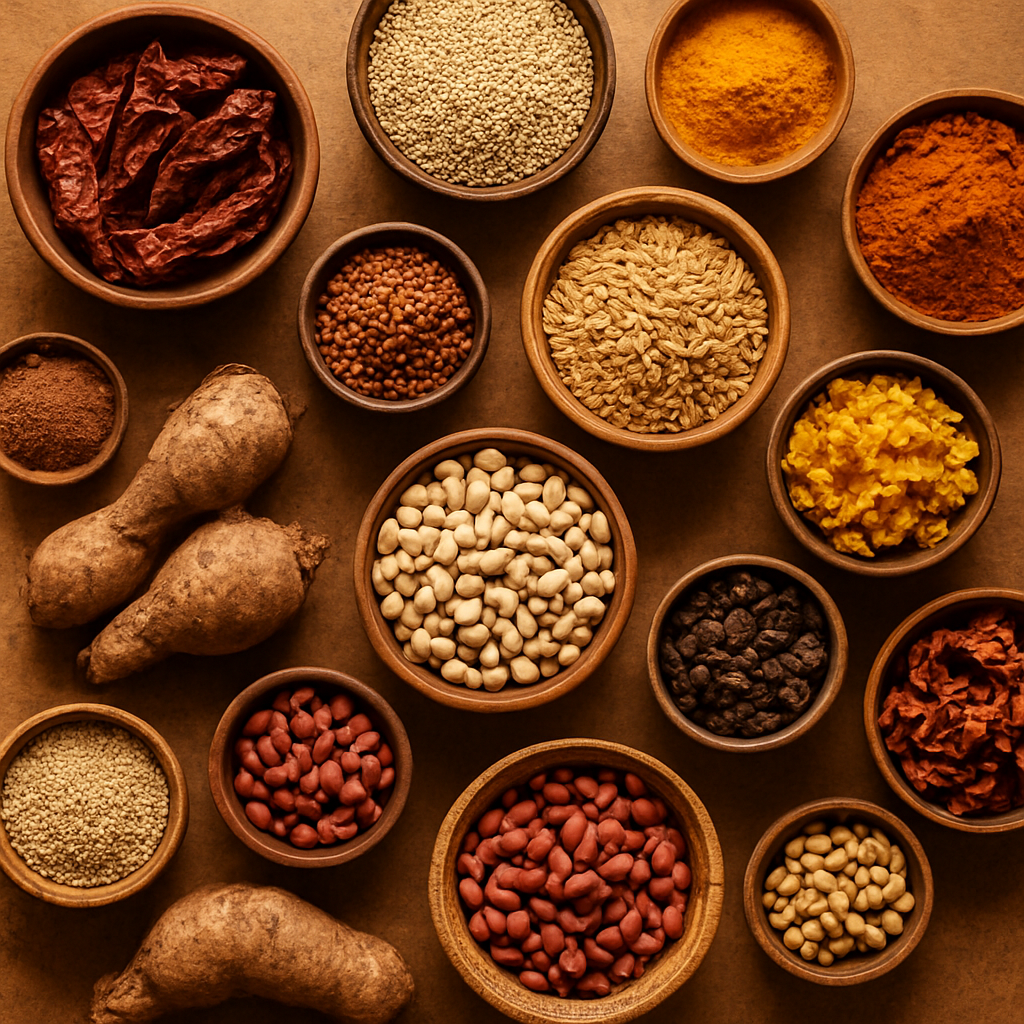 African food spread and pantry